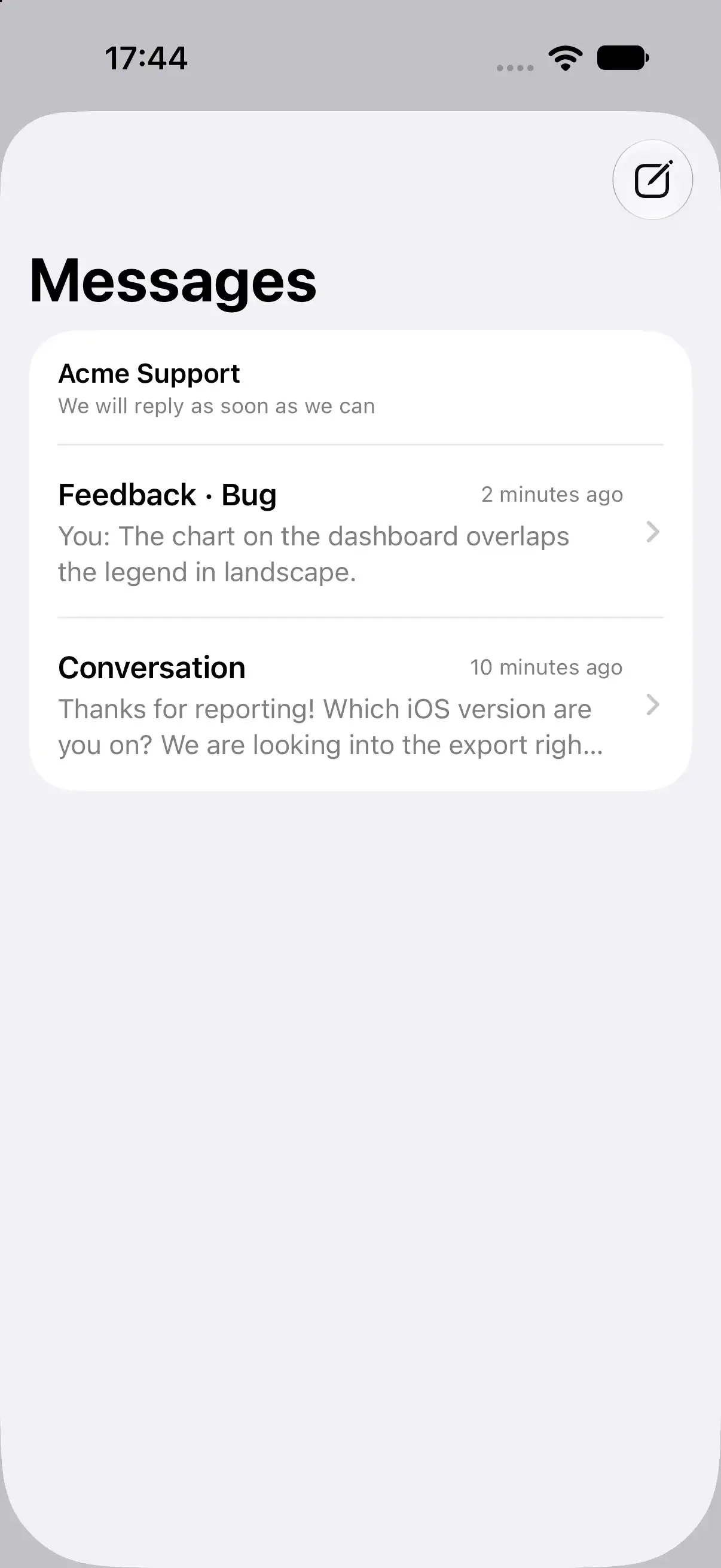 The messages screen of the iOS SDK in a sample app, with a feedback thread and a conversation.