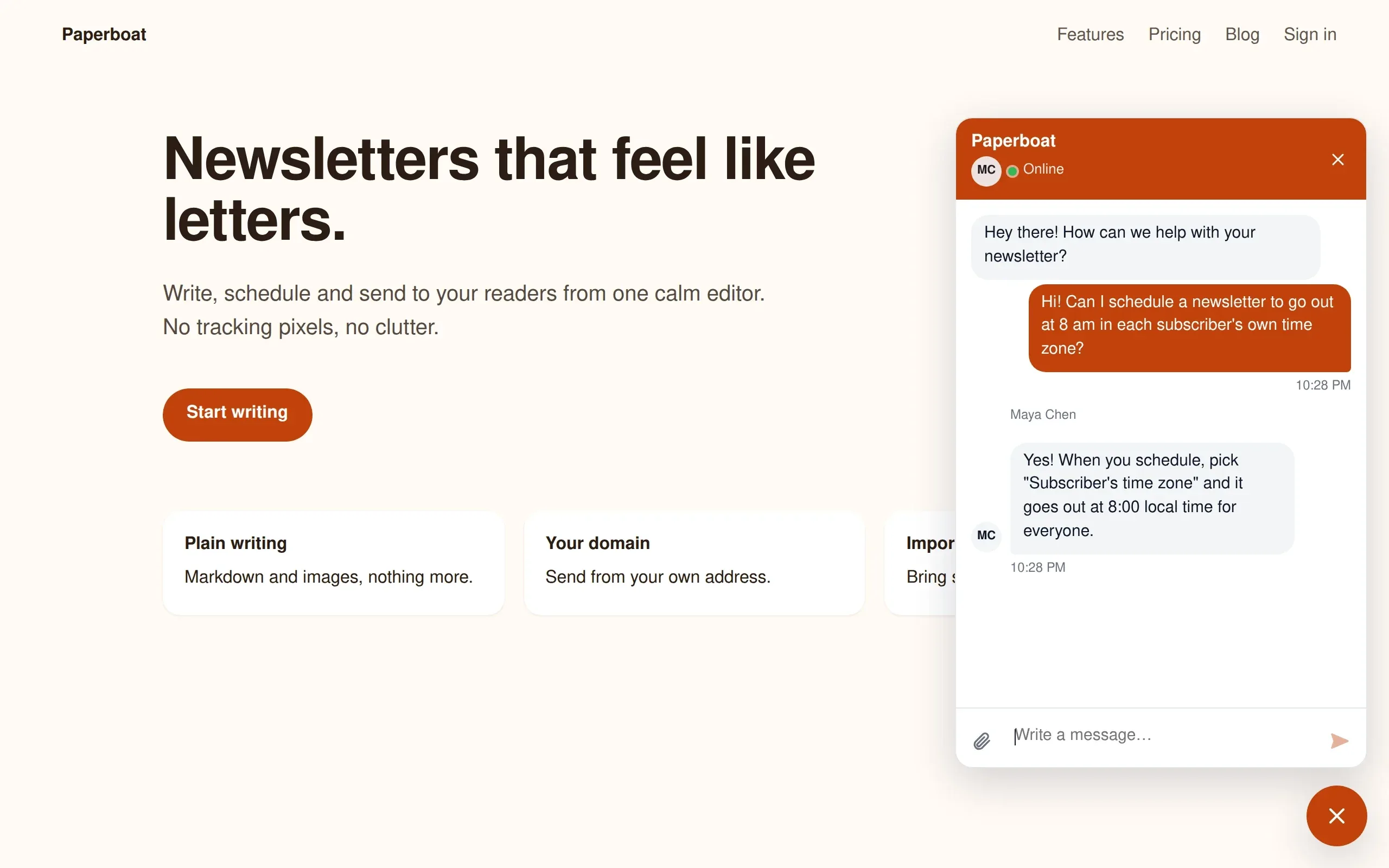 The Yuva chat widget open on a newsletter tool's website: the visitor's question and a member's reply, with the member shown online.
